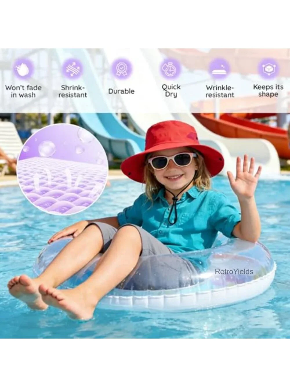 Girls Ponytail Sun Hat UPF 50+ Kids Beach Bucket Hat with Adjustable Chin Strap